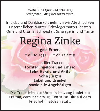 Traueranzeige von Regina Zinke von Wochenspiegel Naumburg/Nebra