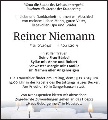 Traueranzeige von Reiner Niemann von Mitteldeutsche Zeitung Sangerhausen
