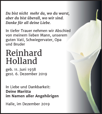 Traueranzeige von Reinhard Holland von Mitteldeutsche Zeitung Halle/Saalkreis