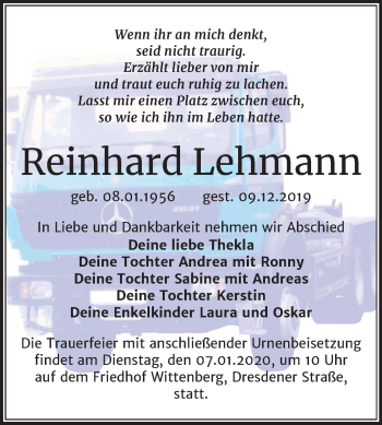 Traueranzeige von Reinhard Lehmann von Mitteldeutsche Zeitung Wittenberg