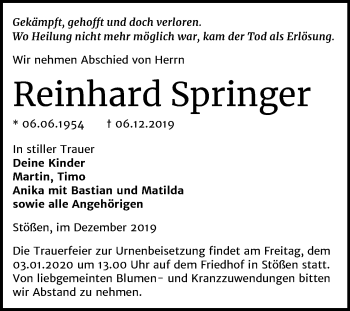Traueranzeige von Reinhard Springer von Mitteldeutsche Zeitung Weißenfels