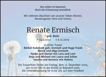 Traueranzeige von Renate Ermisch von Mitteldeutsche Zeitung Köthen