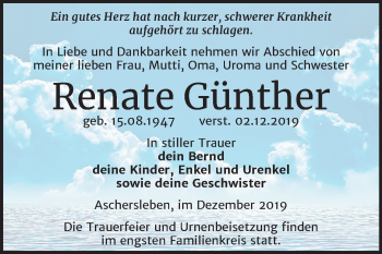 Traueranzeige von Renate Günther von Super Sonntag Aschersleben