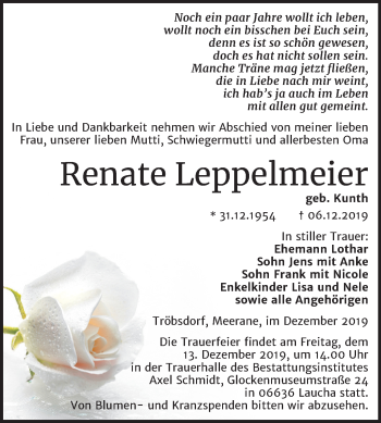 Traueranzeige von Renate Leppelmeier von Mitteldeutsche Zeitung Naumburg/Nebra
