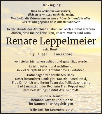 Traueranzeige von Renate Leppelmeier von Wochenspiegel Naumburg/Nebra