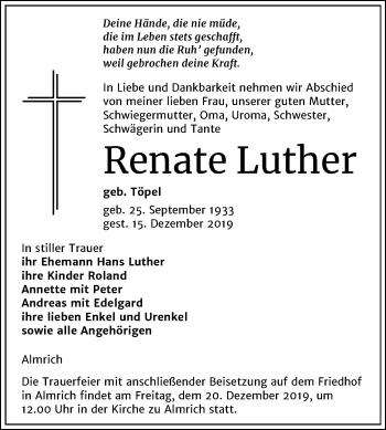 Traueranzeige von Renate Luther von Mitteldeutsche Zeitung Naumburg/Nebra