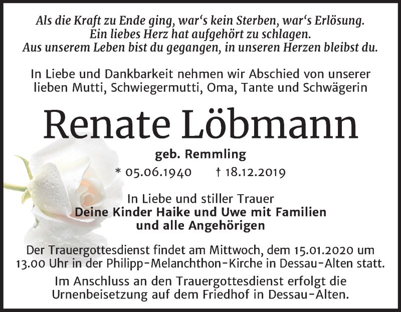  Traueranzeige für Renate Löbmann vom 28.12.2019 aus Super Sonntag Dessau-Roßlau