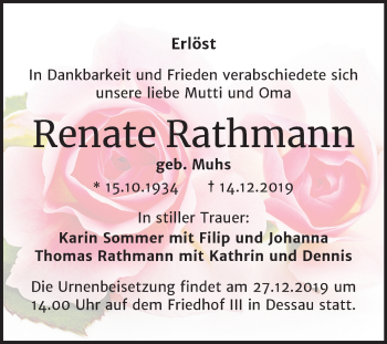 Traueranzeige von Renate Rathmann von Super Sonntag Dessau-Roßlau