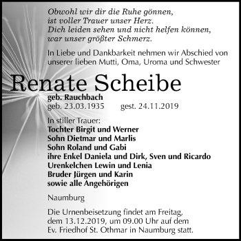 Traueranzeige von Renate Scheibe von Wochenspiegel Naumburg/Nebra
