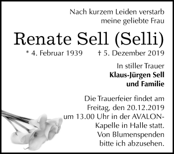 Traueranzeige von Renate Sell von Mitteldeutsche Zeitung Halle/Saalkreis