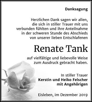Traueranzeige von Renate Tank von Mitteldeutsche Zeitung Mansfelder Land