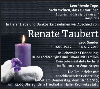 Traueranzeige von Renate Taubert von Mitteldeutsche Zeitung Halle/Saalkreis