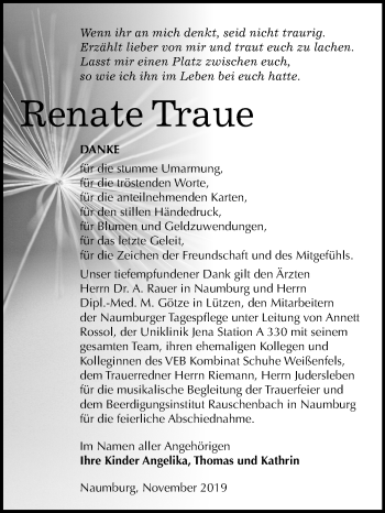 Traueranzeige von Renate Traue von Wochenspiegel Weißenfels