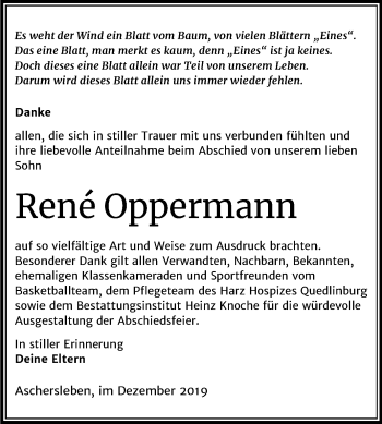 Traueranzeige von René Oppermann von Mitteldeutsche Zeitung Aschersleben