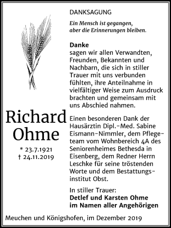 Traueranzeige von Richard Ohme von Mitteldeutsche Zeitung Weißenfels