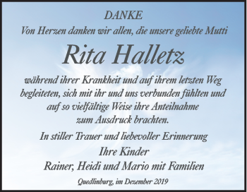 Traueranzeige von Rita Halletz von Mitteldeutsche Zeitung Quedlinburg
