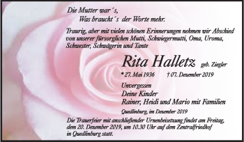 Traueranzeige von Rita Halletz von Mitteldeutsche Zeitung Quedlinburg