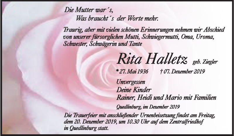  Traueranzeige für Rita Halletz vom 14.12.2019 aus Super Sonntag Quedlinburg