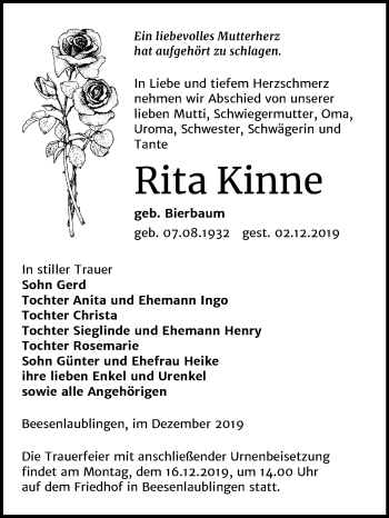 Traueranzeige von Rita Kinne von Mitteldeutsche Zeitung Bernburg