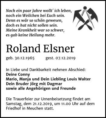 Traueranzeige von Roland Elsner von Mitteldeutsche Zeitung Weißenfels