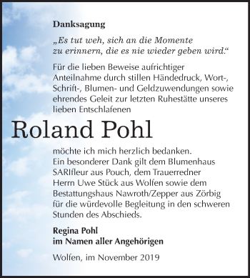 Traueranzeige von Roland Pohl von Wochenspiegel Bitterfeld