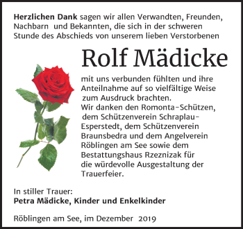 Traueranzeige von Rolf Mädicke von Wochenspiegel Mansfelder Land