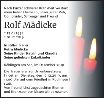 Traueranzeige von Rolf Mädicke von Mitteldeutsche Zeitung Mansfelder Land