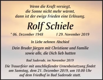 Traueranzeige von Rolf Schiele von Super Sonntag Quedlinburg