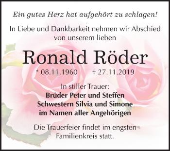Traueranzeige von Ronald Röder von Mitteldeutsche Zeitung Merseburg/Querfurt