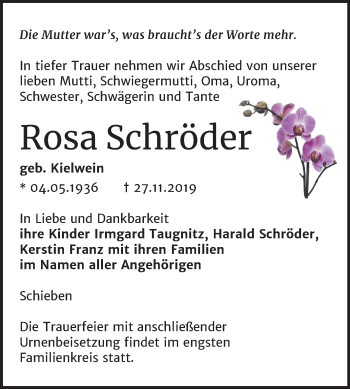 Traueranzeige von Rosa Schröder von Wochenspiegel Naumburg/Nebra