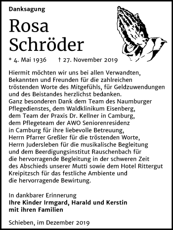 Traueranzeige von Rosa Schröder von Wochenspiegel Naumburg/Nebra