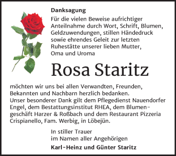 Traueranzeige von Rosa Staritz von Mitteldeutsche Zeitung Halle/Saalkreis