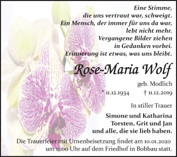 Traueranzeige von Rose-Maria Wolf von Mitteldeutsche Zeitung Bitterfeld