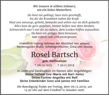 Traueranzeige von Rosel Bartsch von Mitteldeutsche Zeitung Halle/Saalkreis / Merseburg/Querfurt