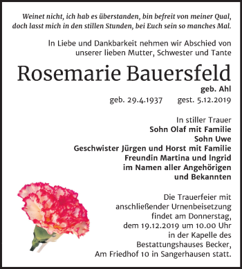 Traueranzeige von Rosemarie Bauersfeld von Mitteldeutsche Zeitung Sangerhausen