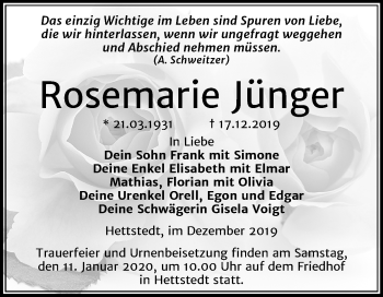 Traueranzeige von Rosemarie Jünger von Mitteldeutsche Zeitung Mansfelder Land