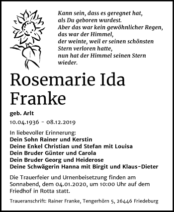 Traueranzeige von Rosemarie Ida Franke von Mitteldeutsche Zeitung Wittenberg