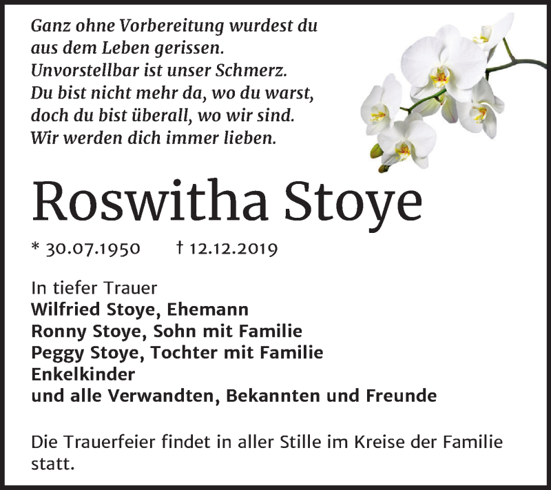  Traueranzeige für Roswitha Stoye vom 28.12.2019 aus Mitteldeutsche Zeitung Wittenberg