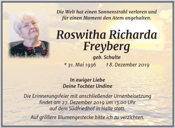 Traueranzeige von Roswitha Richarda Freyberg von Mitteldeutsche Zeitung Halle/Saalkreis