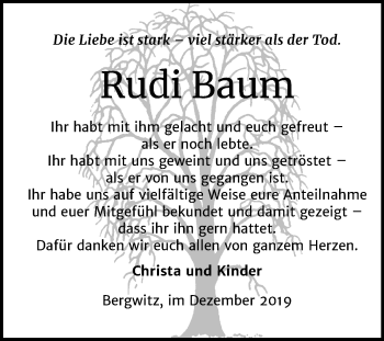 Traueranzeige von Rudi Baum von Super Sonntag Wittenberg