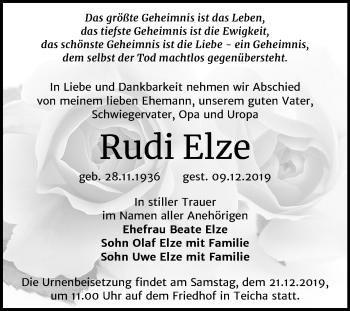 Traueranzeige von Rudi Elze von Mitteldeutsche Zeitung Halle/Saalkreis