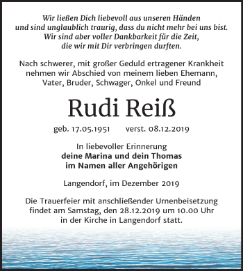 Traueranzeige von Rudi Reiß von Super Sonntag Zeitz