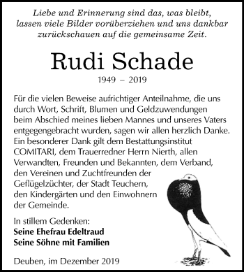 Traueranzeige von Rudi Schade von Wochenspiegel Weißenfels
