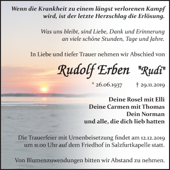 Traueranzeige von Rudolf Erben von Mitteldeutsche Zeitung Bitterfeld
