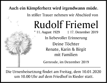 Traueranzeige von Rudolf Friemel von Super Sonntag Quedlinburg