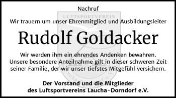 Traueranzeige von Rudolf Goldacker von Mitteldeutsche Zeitung Naumburg/Nebra