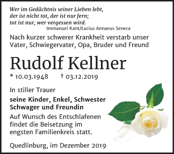Traueranzeige von Rudolf Kellner von Wochenspiegel Quedlinburg