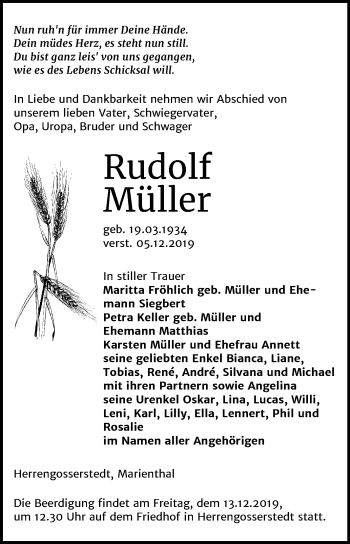 Traueranzeige von Rudolf Müller von Wochenspiegel Naumburg/Nebra