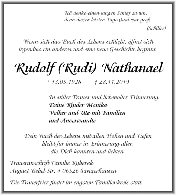 Traueranzeige von Rudolf Nathanael von Super Sonntag Sangerhausen