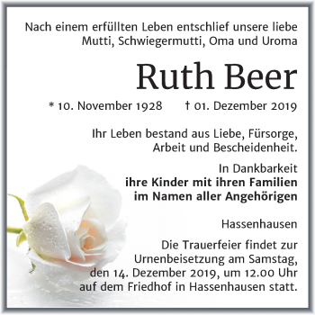 Traueranzeige von Ruth Beer von Wochenspiegel Naumburg/Nebra